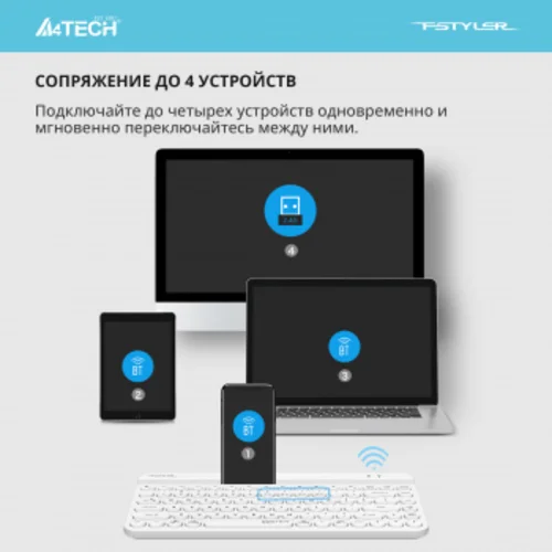 Клавиатура A4Tech Fstyler FBK30 белый USB беспроводная BT/Radio slim Multimedia (FBK30 WHITE) Клавиатура A4Tech Fstyler FBK30 белый USB беспроводная BT/Radio slim Multimedia (FBK30 WHITE)